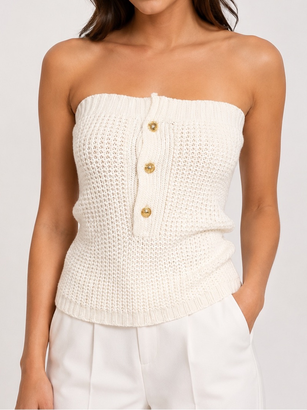 Michael Kors Cream Knit Tube Top with gold buttons One Size